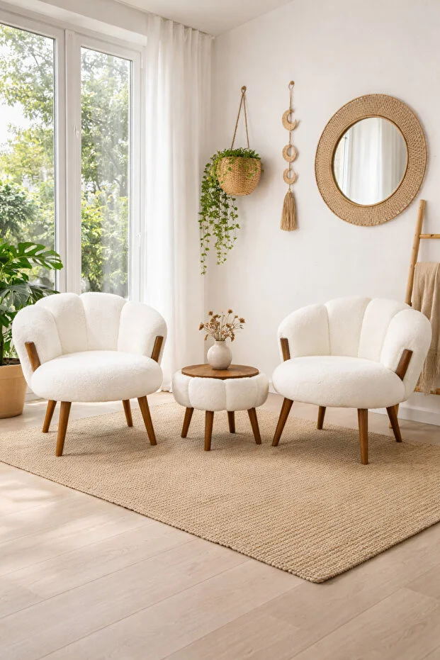 STAR CEVİZ Kırık Beyaz 2 Adet Papatya Berjer + 1 Adet Sehpa (5 PARÇA DEKORASYON SETİ HEDİYELİ)